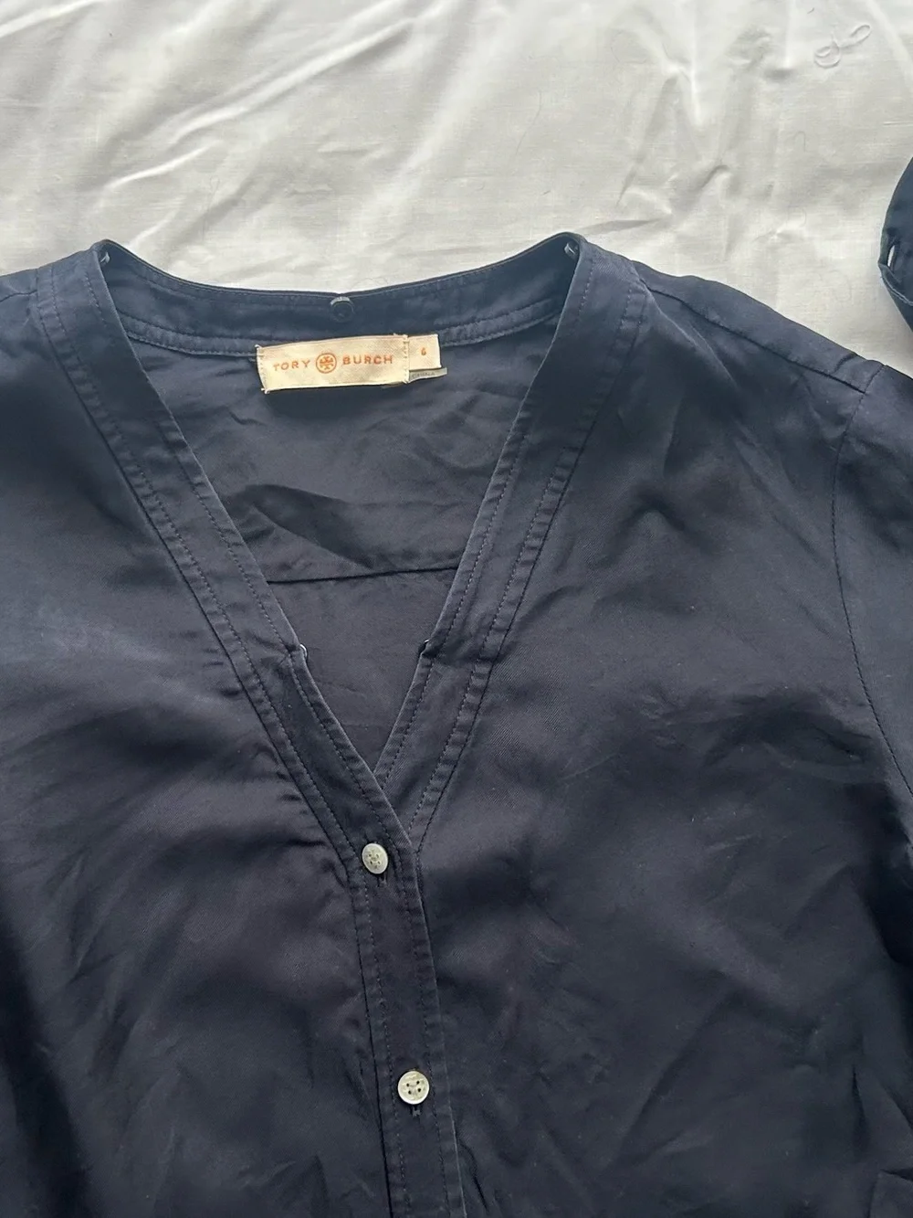 Tory Burch Navy Silk Long-Sleeve Blouse with Neck Tie size 0